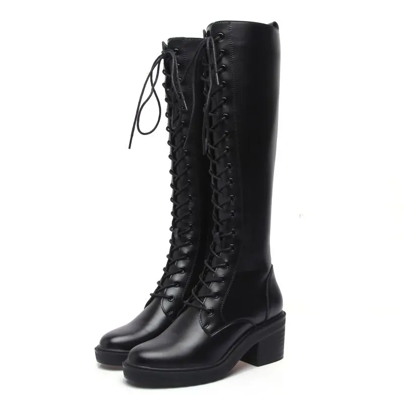 knee high lace-up boots with heel