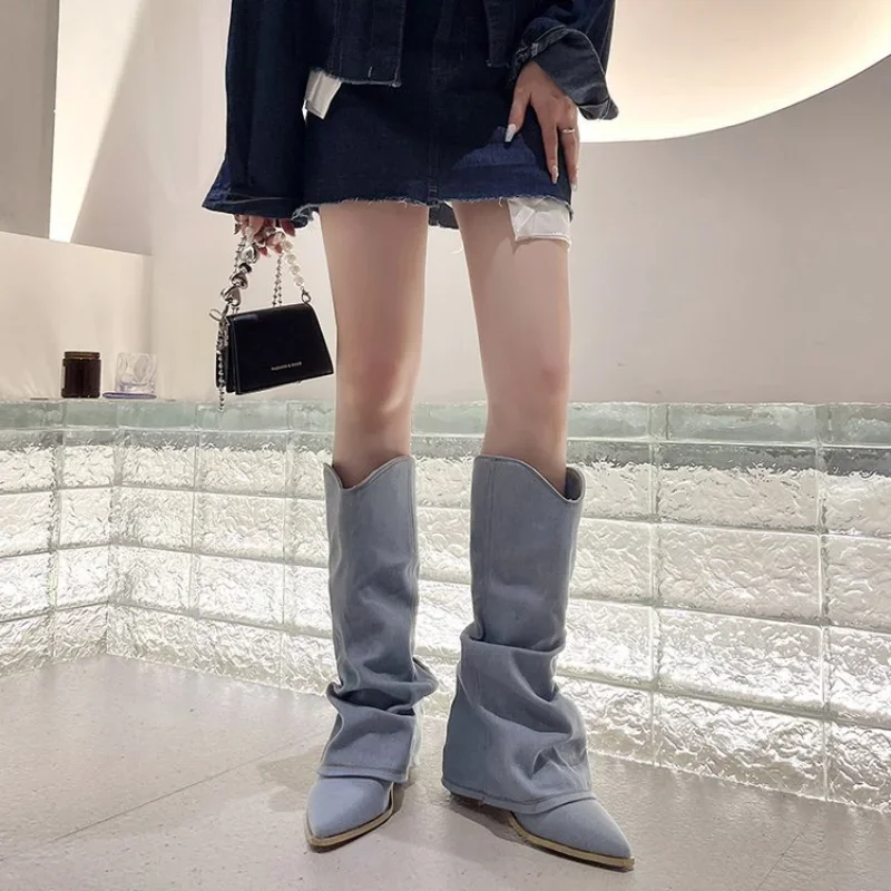 denim knee high boots