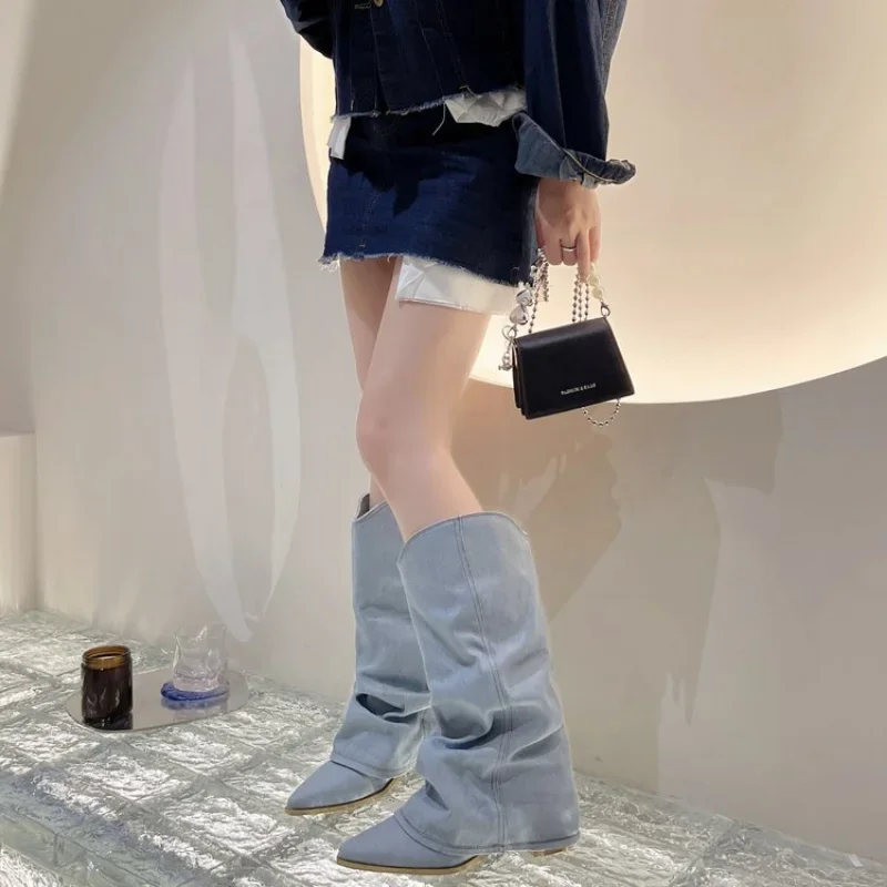 denim knee high boots