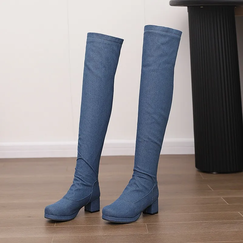 blue knee high boots