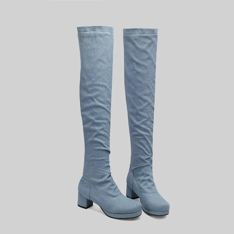 blue knee high boots